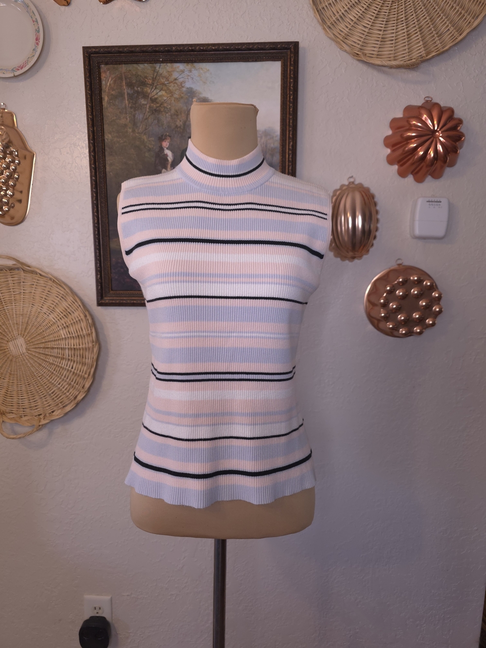 Clio Y2K 90s Silk Blend Striped Sleeveless Mock neck Sweater Large (fits Med)